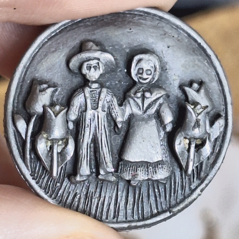 Vintage Pewter Amish Dutch Farmer & Wife Brooch/Earrings/Pendant
